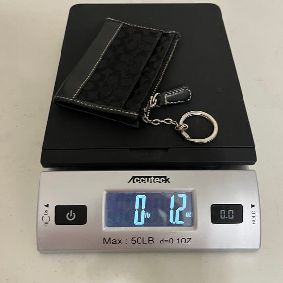 COACH Keychain Coin Purse Wallet Black Signature Jacquard & Leather Trim - Picture 12 of 12